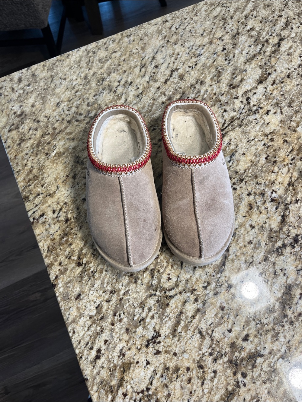 UGG Kids Beige Suede Slip-On Clogs with Red Trim